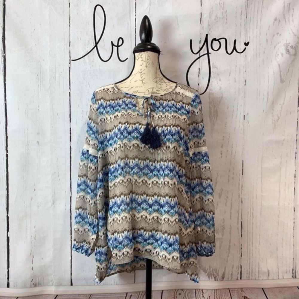 Sundance 100% Silk Blue Tan Boho Blouse NWT Small
